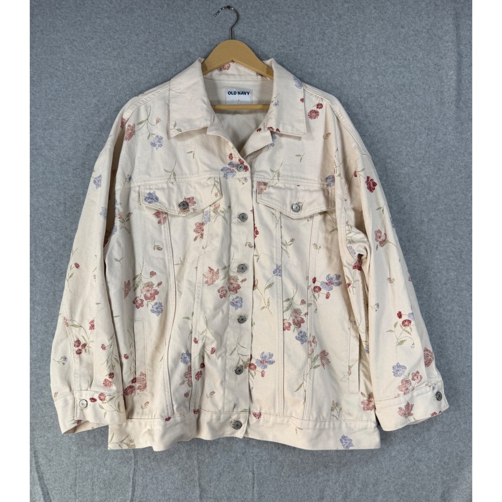 Old Navy Large Denim Jacket Floral Cottagecore Cotton Ecru Trucker
